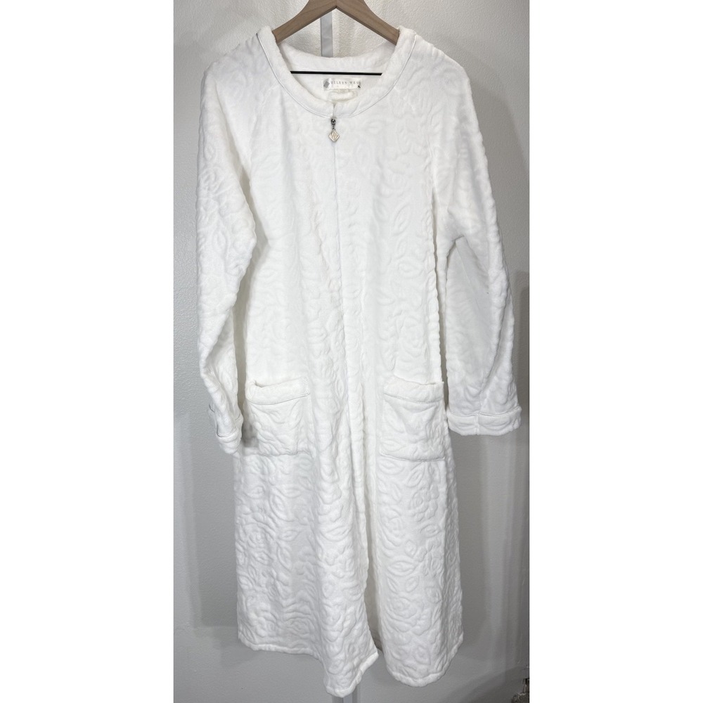 EILEEN WEST Cozy Zip Up House Coat Robe Pajama White Floral Pattern Size L/XL